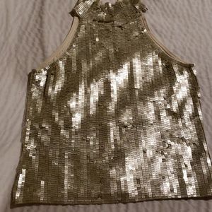WHBM silk pale gold sequin top stretchy M